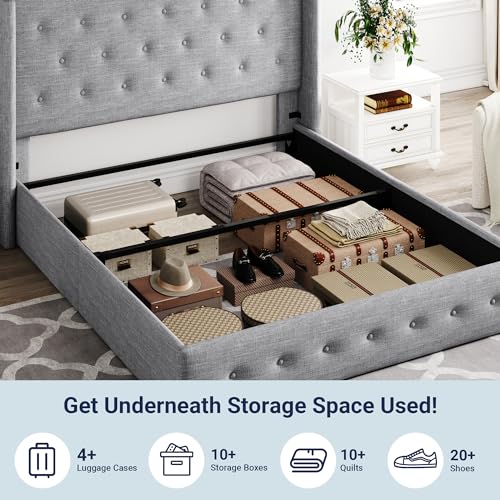Allewie Full Size Lift Up Storage Bed, Modern Wingback Headboard, Hydraulic Support, No Box Spring Needed, Light Beige
