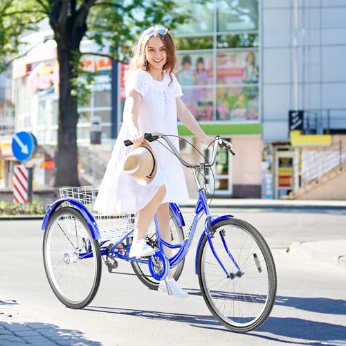 7-Speed Adult Tricycle with Large Basket 24/26 Inch, Stable 3-Wheel Cruise Bicycle for Shopping, Beach and City Trike Perfect for Men, Women