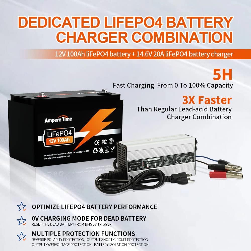Ampere Time 12V 300Ah LiFePO4 Battery with 14.6V 20A Dedicated Lithium Battery Charger, Max 2560W Power Output, Built-in 200A BMS, 4000+ Cycles