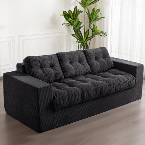 MAXYOYO 3 Seater Couch for Living Room, Boneless Couch with Tufted Cushion & Backrest, Upholstered Floor Sofa with Armrests, Sofa in A Box