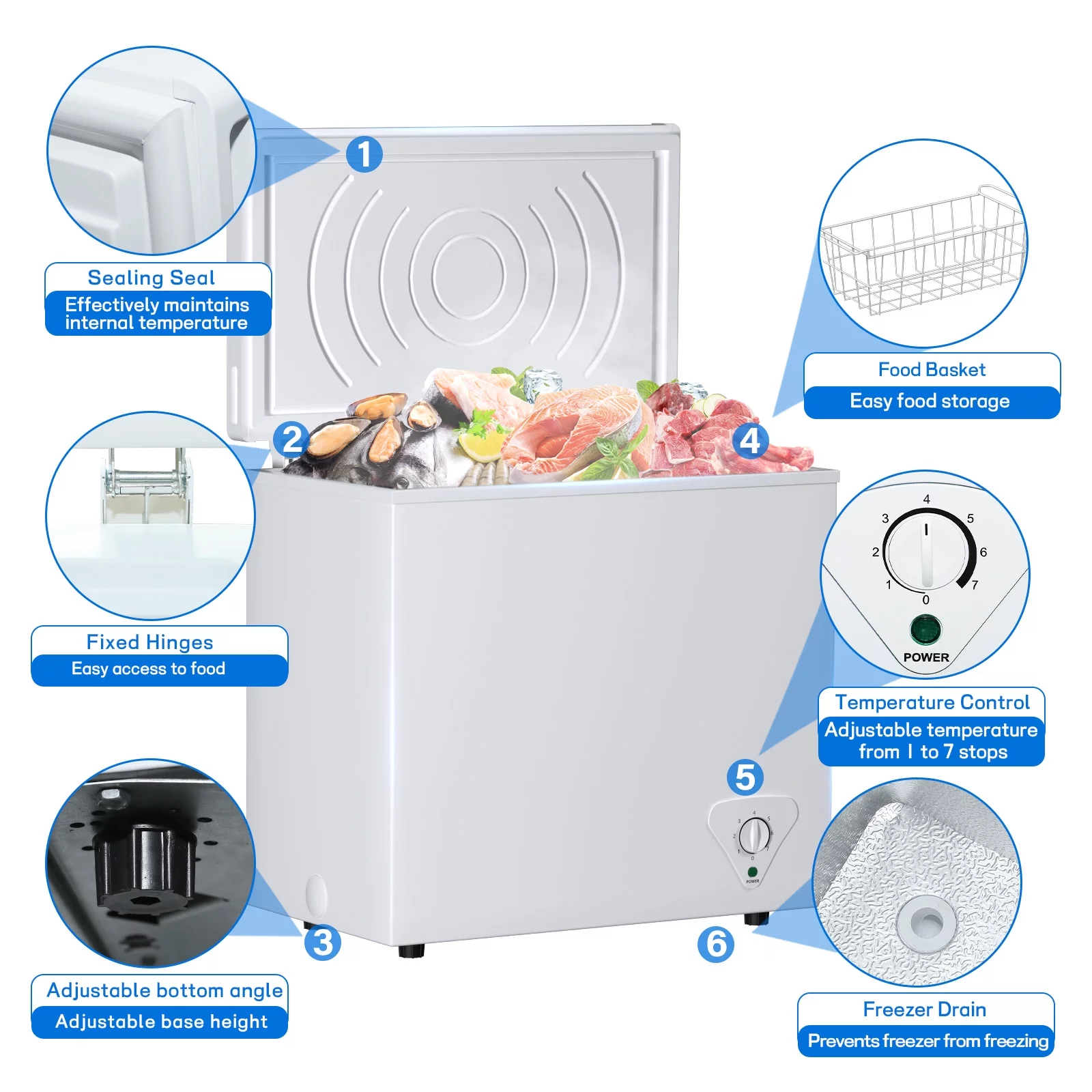 7 Cu. Ft. Chest Freezer with Removable Basket, Fast Freeze Small Deep Freezer