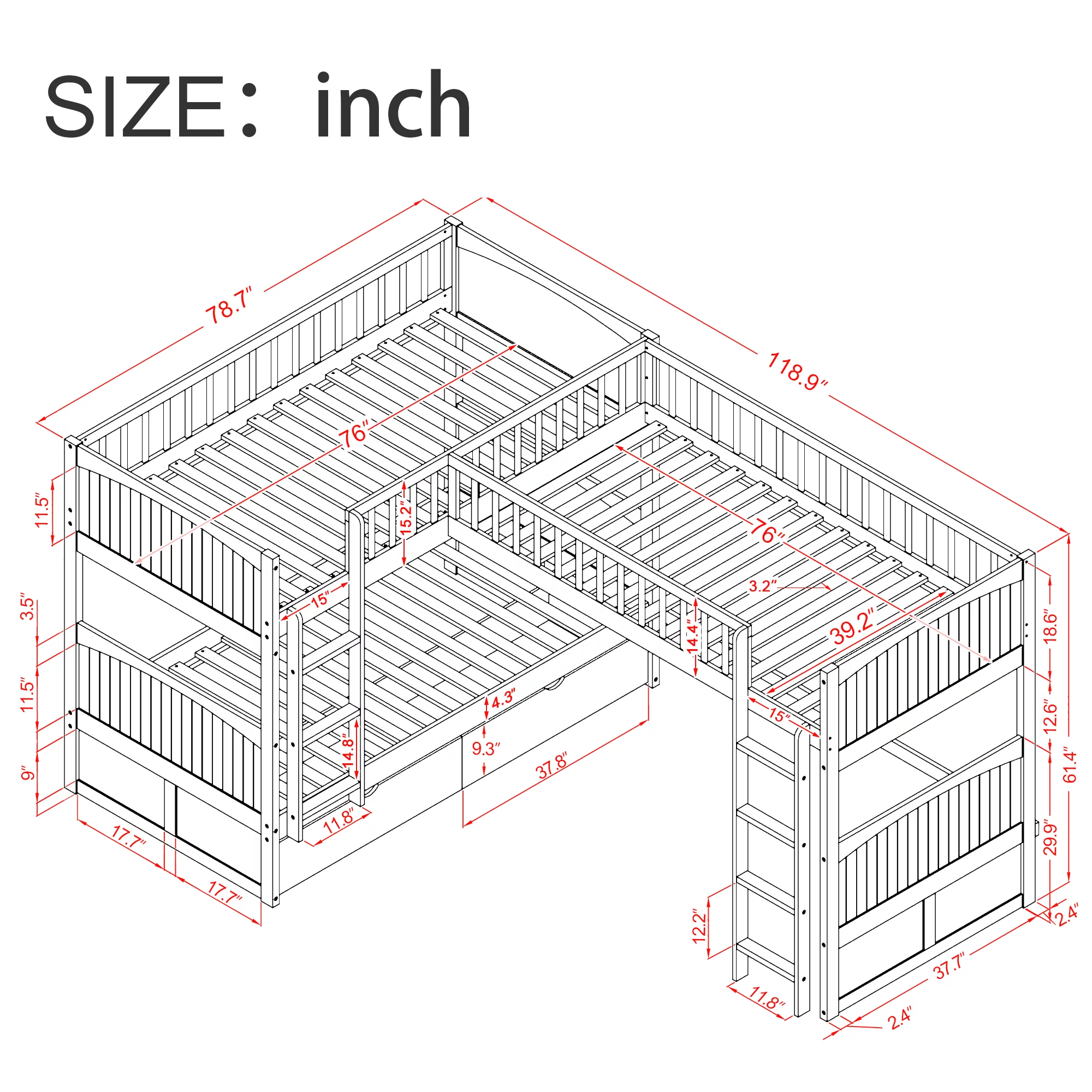 Euroco Twin Size L-Shaped Wood Triple Bunk Bed with Drawers for Kid's Bedroom, White
