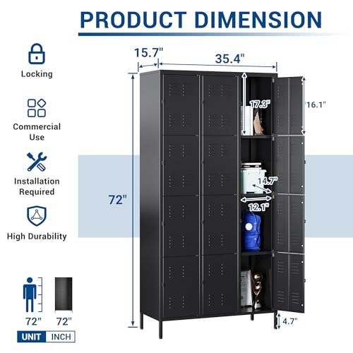 72" Metal Locker for Employees 3 Doors Blue Steel Storage Locker for Office, School, Gym - Metal Storage Cabinets for Home, Office, Gym, School