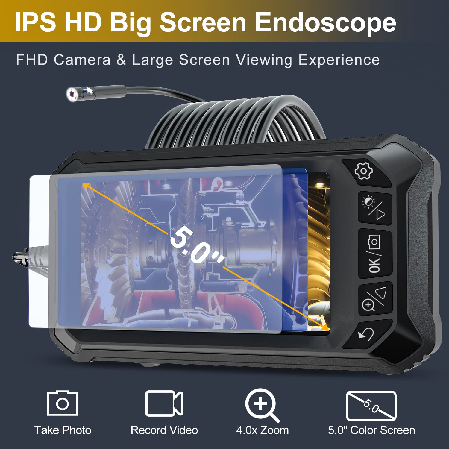 CIMELR Industrial Endoscope 5 IPS Inspection Camera, Dual Lens Borescope Camera with 8mm 16.5ft Flexible Cable