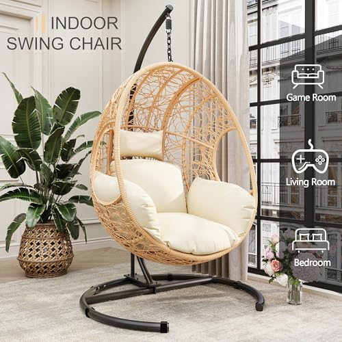 Oversized Hanging Egg Chair Outdoor Indoor, Wicker Swing Egg Chair with Stand 400lbs Capacity for Bedroom, Patio, Garden and Balcony (Beige-nest