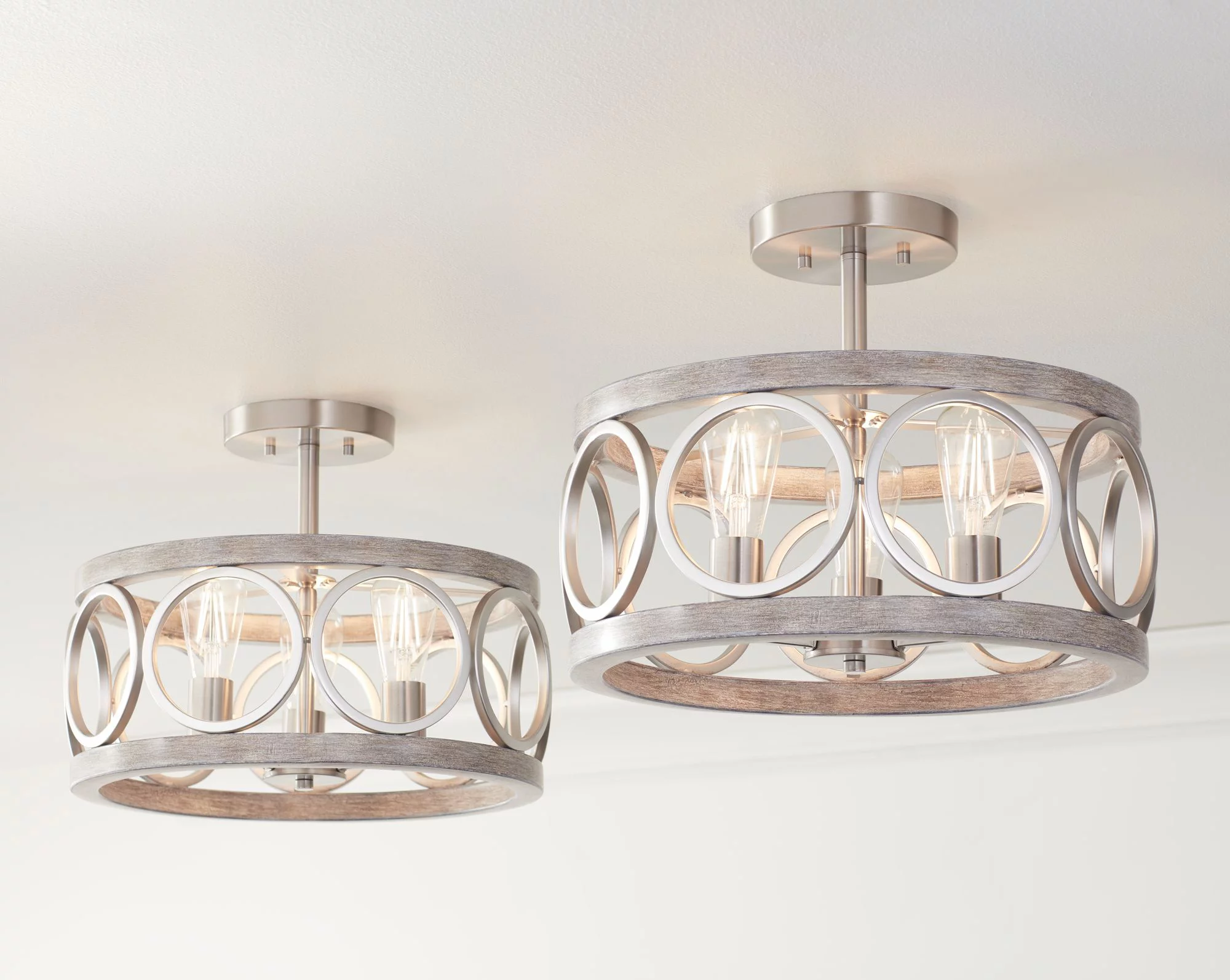 Franklin Iron Works Salima Rustic Farmhouse Ceiling Light Semi Flush Mount 16" Wide Brushed Nickel Gray Wood 3-Light LED for Bedroom Living Room House