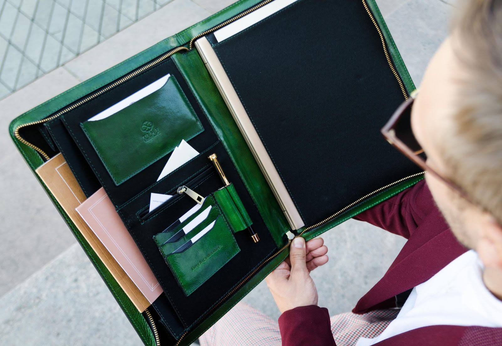 Leather Portfolio Document Folder Handcrafted Case Green Time Resistance