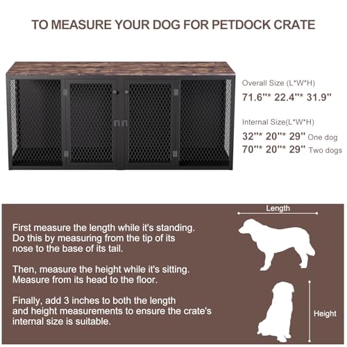 71 Inch Dog Crate Furniture for 2 Dogs, XXL Double Cage with Removable Divider & Large Doors, Heavy Duty Wooden Dog Kennel, Indoor Pet House (Black