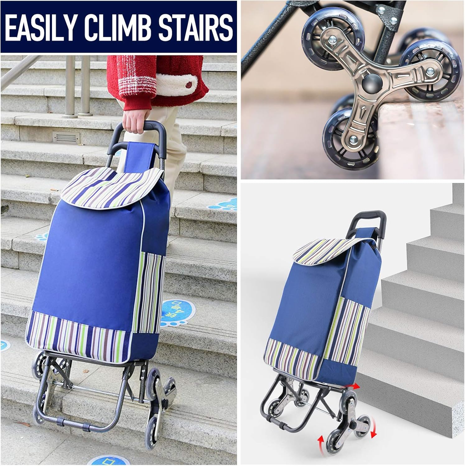 Foldable Shopping Cart, Heavy Duty Grocery Cart with Rubber Tri-Wheel for Easy to Climb Stairs