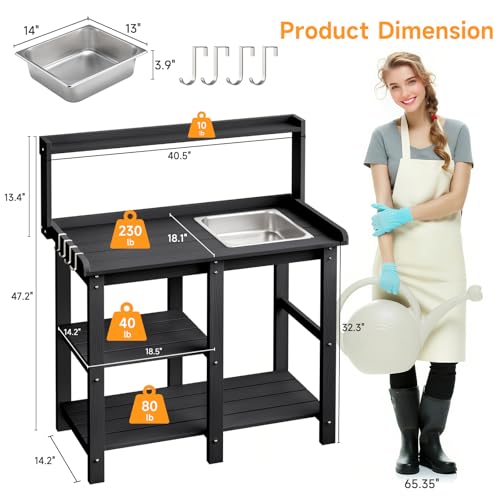 Potting Bench, Outdoor Potting Bench Table with Removable Sink, HDPS Potting Benches for Outside, Garden Table with Storage Shelves & 4 Side Hooks