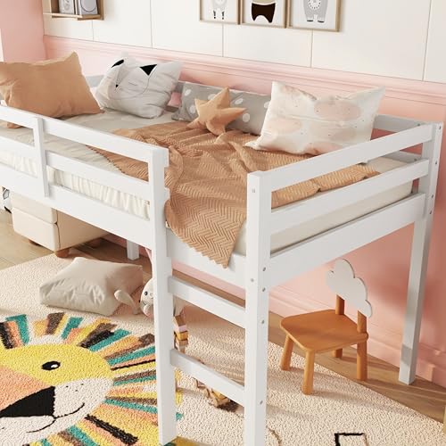 Low Loft Bed Twin Size, Kids Solid Wood Modern Loft Bed Frame with Ladder and Safety Guardrail for Girls Boys, Noise-Free,Non-Toxic Finishes