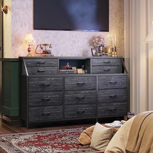 55" W Dresser for Bedroom, Dressers & Chests of Drawers with 13 Fabric Drawers and 2 Open Shelves, Long Vanity Dressers for Bedroom & Closet