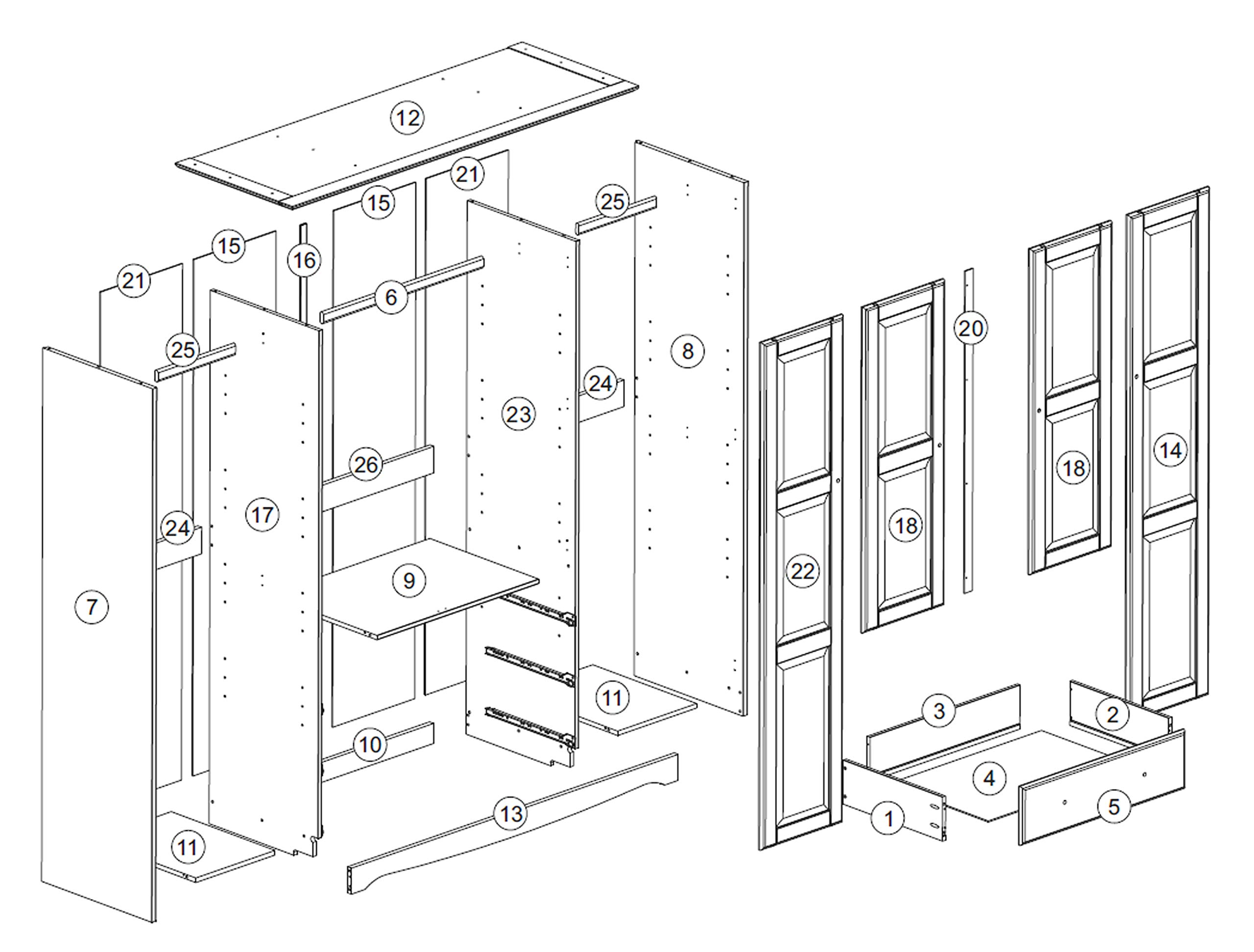 【Furniture】100% Solid Wood Family Wardrobe/Armoire/Closet, 60"x72"x21", 3 Clothing Rods Included
