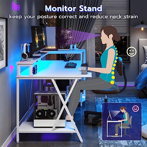 SEDETA Gaming Desk 70.8'' with LED Lights and Storage Shelves, Computer Desk with Monitor Stand, Power Outlets and Cup Holder, Large PC Gamer Desk
