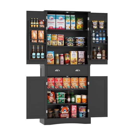 VOWNER Kitchen Pantry Cabinet with 4 Doors and 1 Drawer, Tall Storage Cabinet with Adjustable Shelves, Freestanding Cupboard for Kitchen