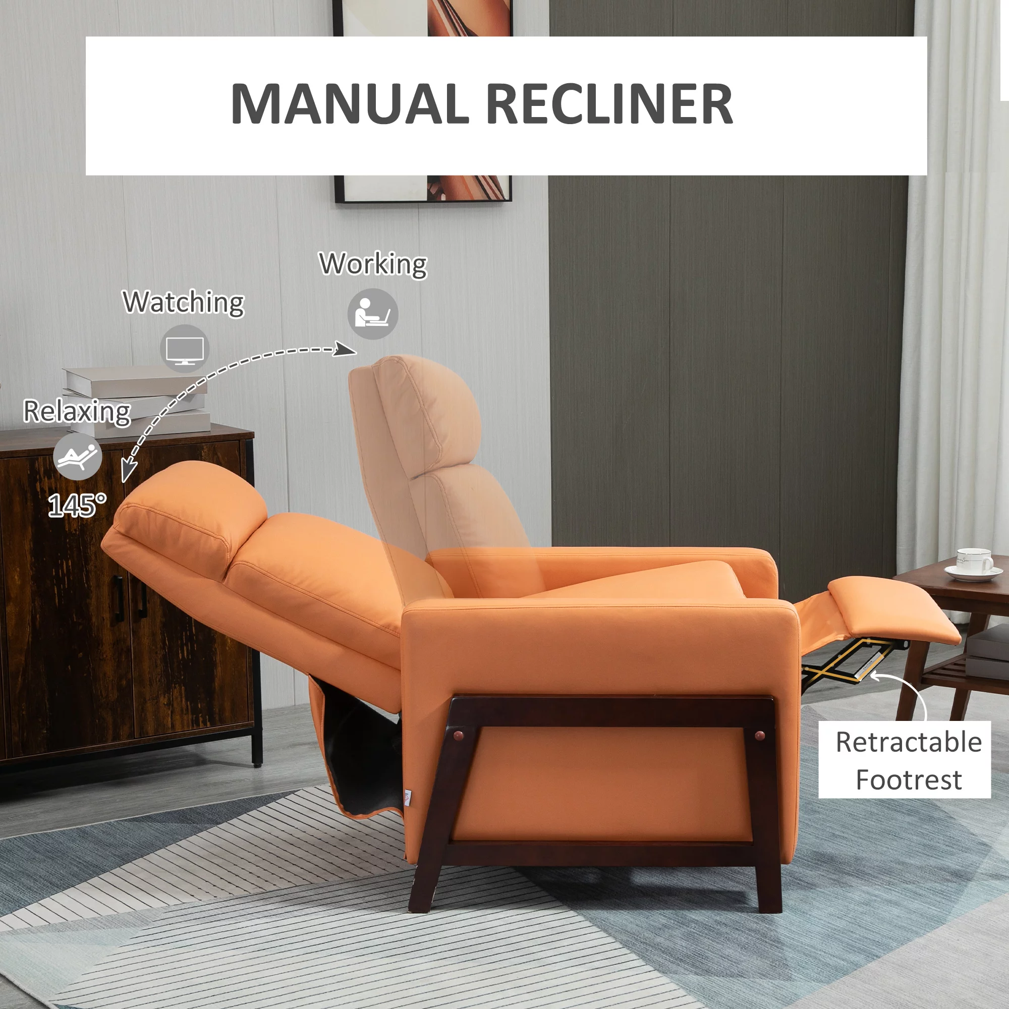 HOMCOM Manual Recliner Chair for Living Room Bedroom, Reclining Sofa Armchair with Footrest, Orange