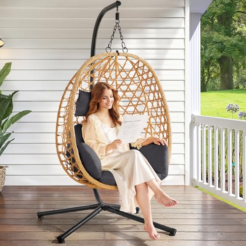 Egg Chair with Stand, Wicker Rattan Swing Hammock Chair with Fine Lace & Cushion, Hanging Chair with Double Chains