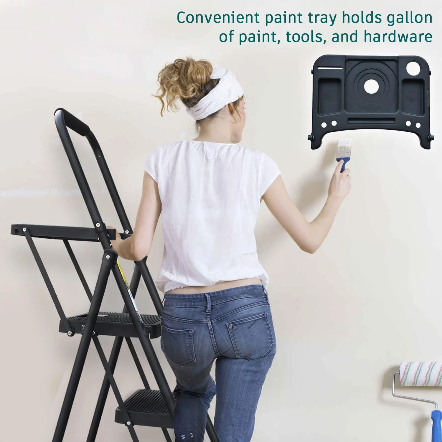 4 Step Ladder with Tool Tray, Folding Step Stool with Wide Non-Slip Pedal and Comfort Handgrip for Household and Office