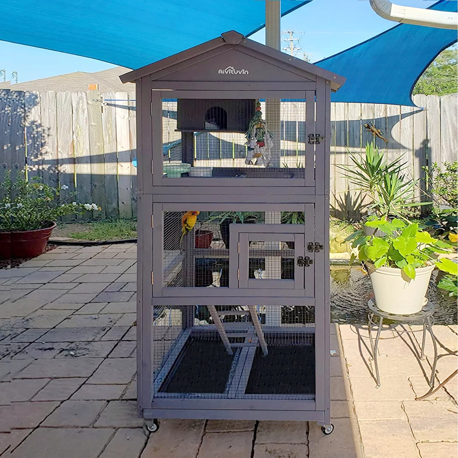Morgete 71'' Large Wooden Birdcages with Stand, Movable Aviary Flight Cage for Parakeets, Cockatiel, Parrot, Finch, Canary