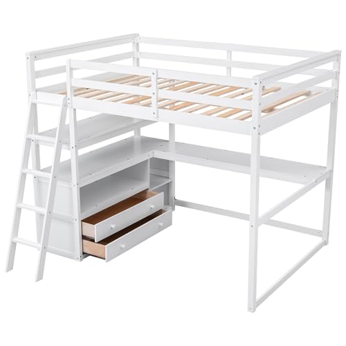 Full Size Loft Bed with Desk & Wardrobe, Solid Wood Kids Loft Bedframe w/3 Storage Drawers & 2 Shelves, Maximum Space Design, for Bedroom, Dorm, Gray