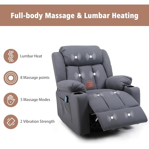 Rocker Swivel Recliner Chair for Adults, Overstuffed Large Manual Recliner Glider with Massage and Heat