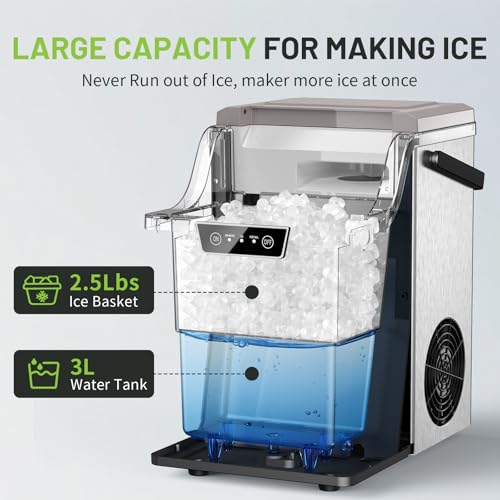 Nugget Countertop Ice Maker with Soft Chewable Ice 40Lbs, Pebble Sonic Ice Machine with Basket and Scoop, Ready in 5 Mins, 40Lbs/24H