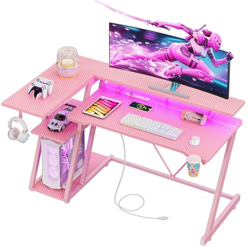 55 Inch Gaming Desk with Power Outlet & LED Lights, L Shaped Gamer Computer Table with Storage Shelves for Bedroom, Corner Home Office Desk