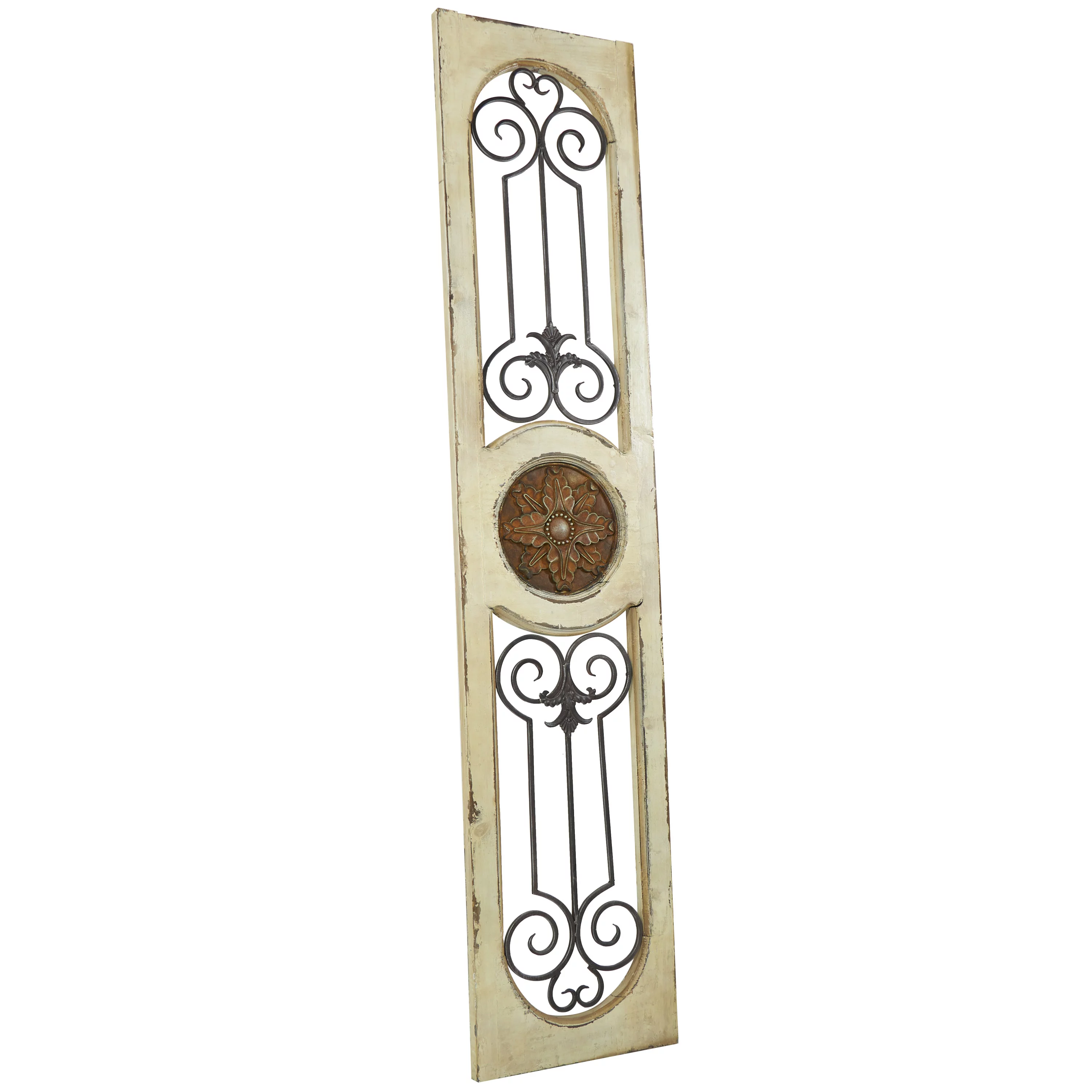 DecMode White Wood Distressed Door Inspired Ornamental Scroll Wall Decor with Metal Wire Details