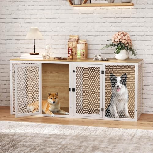 71 Inch Dog Crate Furniture for 2 Dogs, XXL Double Cage with Removable Divider & Large Doors, Heavy Duty Wooden Dog Kennel, Indoor Pet House (Black