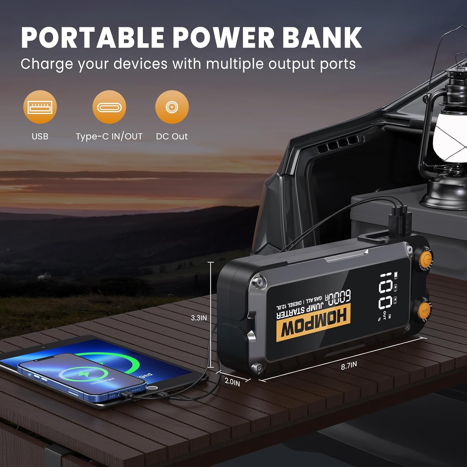 Jump Starter, 6000A Peak Portable 12V Car Battery Charger for All Gas and Up to 12L Diesel Engine, 28000mAh Jump Box with LED Light, USB
