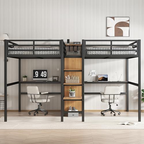 Bellamave Metal Loft Bed with Wardrobe and L-Shaped Desk, Full Size Loft Bed with Storage Cubes and Shelves, Heavy Duty LoftBed for Kids Teens Adults