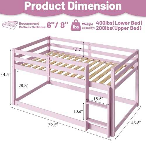 Bunk Bed Twin Over Twin, Wood Low Profile Floor Twin Bunk Beds with Ladder Guardrails for Kids Boys and Girls, No Box Spring Needed