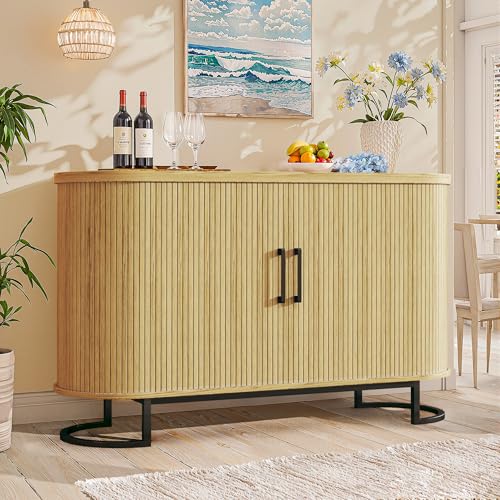 Sideboard Buffet Cabinet with Storage, 54.3" Fluted Tambour, Adjustable Shelves, Mid Century Modern Console for Living Room Kitchen Walnut