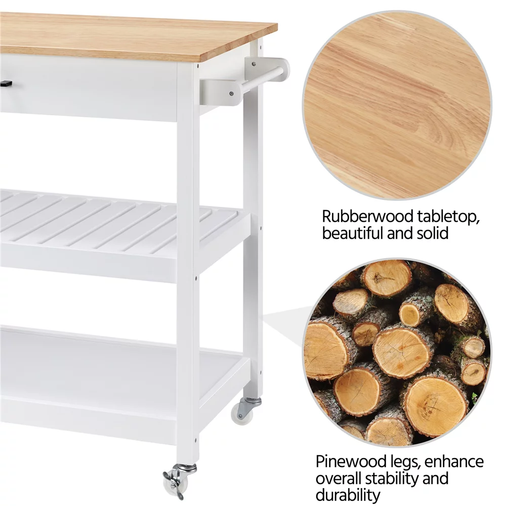 Topeakmart Kitchen Island Cart with Wheels Storage Drawer Solid Wood Countertop, White
