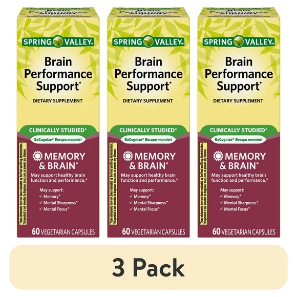 (3 pack) Spring Valley Brain Performance Memory Support Dietary Supplement Vegetarian Capsules, 60 Count - Kansas Nuitrition - HNZSDS