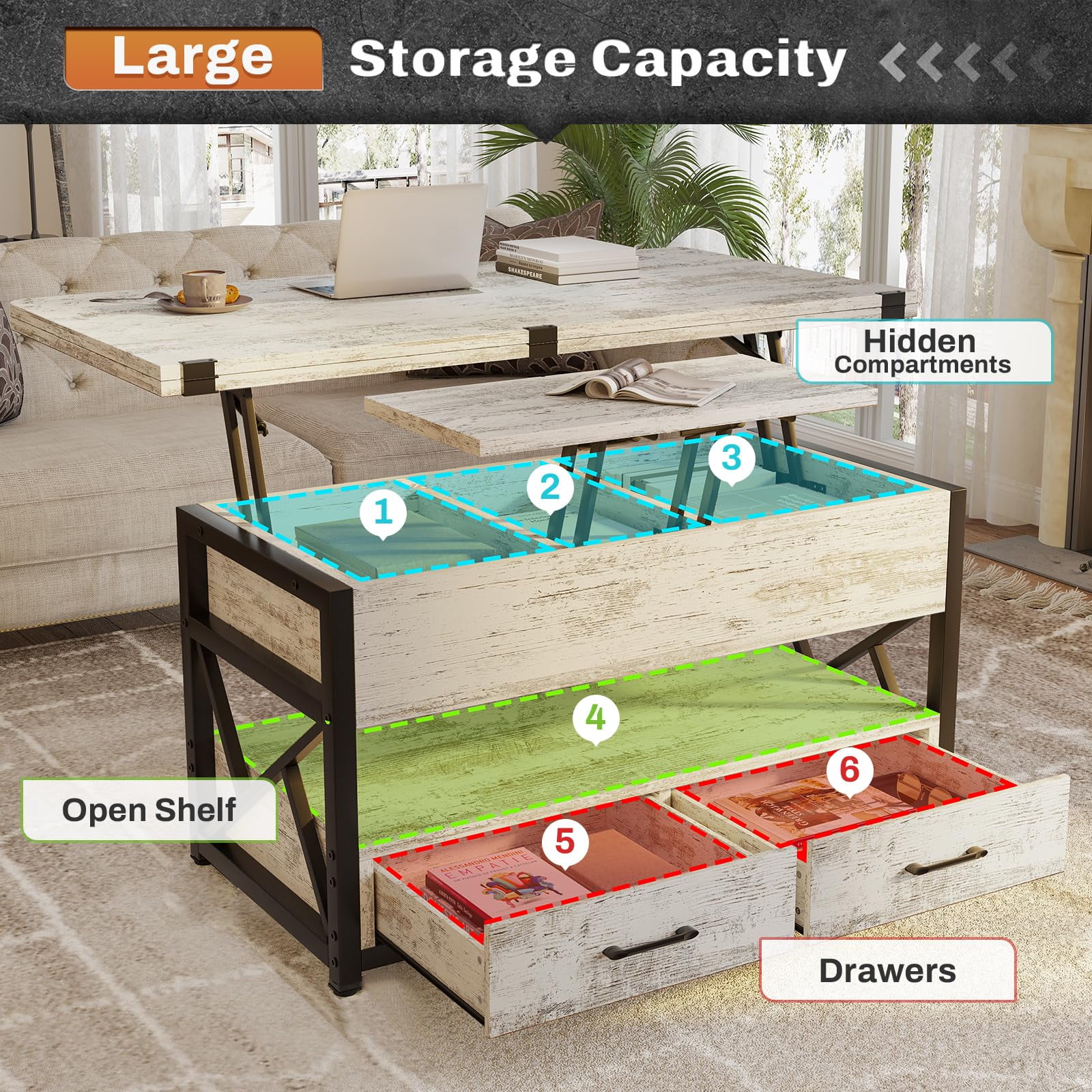4 in 1 Coffee Tables with Storage for Living Room,40" Lift Top Coffee Table