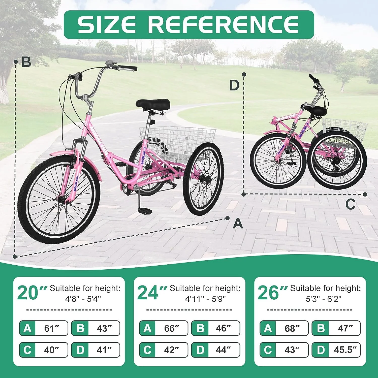 MOONCOOL Adult Folding Tricycle for Adults, 7 Speed 20/24/26 inch 3 Wheels Bikes with Basket, Foldable Tricycle for Adults, Women, Men, Seniors