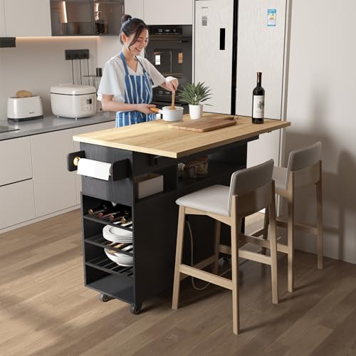 Rolling Mobile Kitchen Island Cart with Desktop Drop Leaf Countertop, Island Table Storage with 5 Wheels