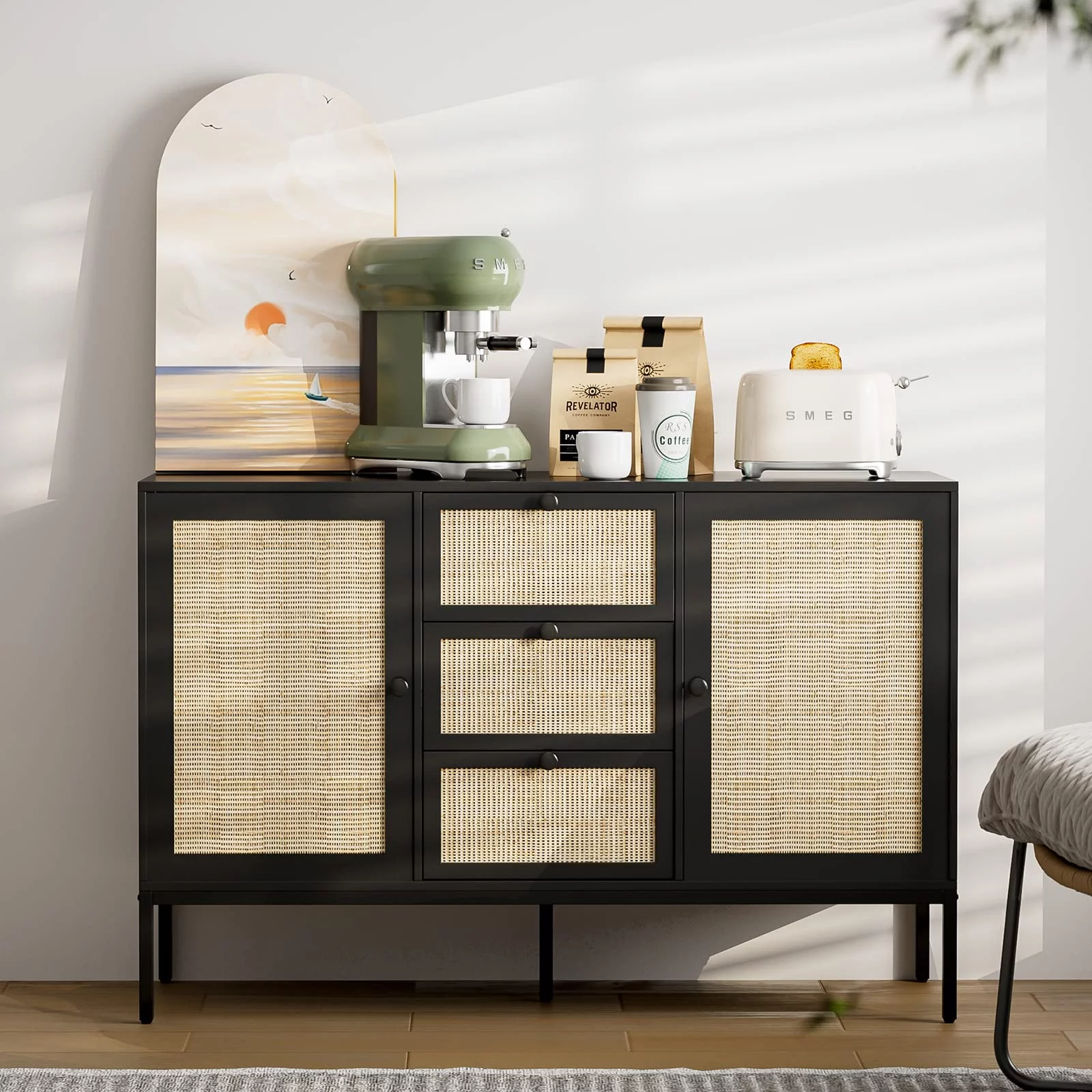 IKIFLY Rattan Sideboard Buffet Cabinet, Boho Rattan Storage Cabinet with 3 Drawers and 2 Doors, Accent Console Table Cabinet for Living Room, Kitchen