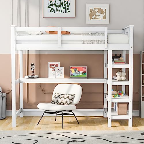 Harper & Bright Designs Full Loft Bed with Desk and Wardrobe,Solid Wood Loft Bed Frame Full with Storage Drawers for Kids Teens Adults