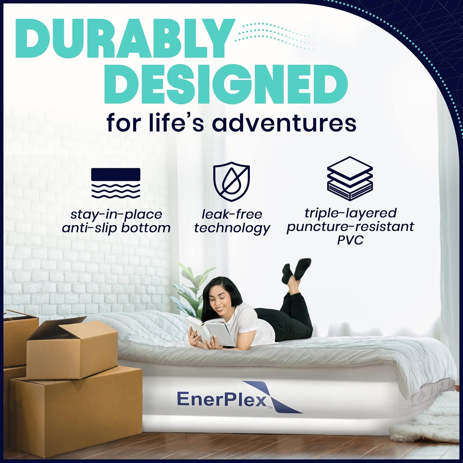 EnerPlex Queen Air Mattress for Camping, Home & Travel - 13 Inch Double Height Inflatable Bed with Built-in Dual Pump - Durable