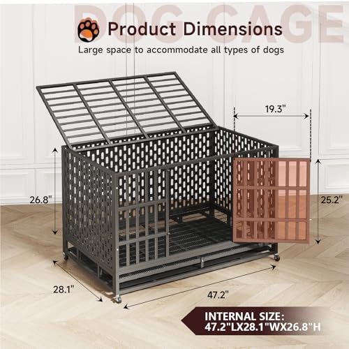 48/42 Inch Heavy Duty Indestructible Dog Crate Steel Escape Proof, Indoor Double Door High Anxiety Cage, Kennel with Wheels, Removable Tray