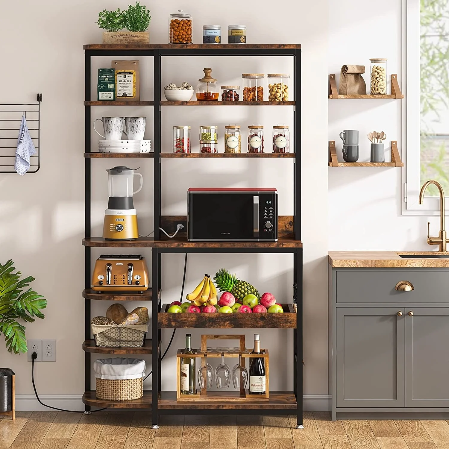 10-Tier Bakers Rack with Power Outlets, Freestanding Microwave Oven Stand with Storage Brown