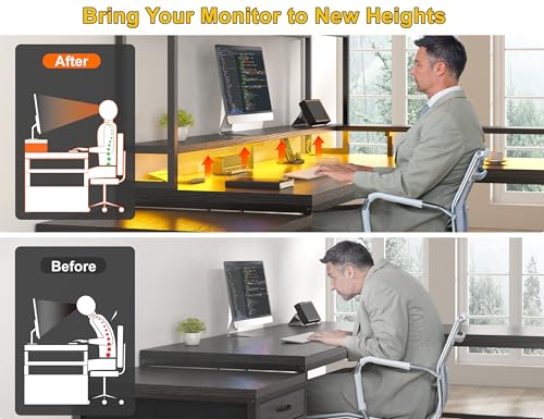 EnHomee Large L Shaped Gaming Desk with Hutch and Drawers, 64" W Reversible Computer Desk with Storage Shelves