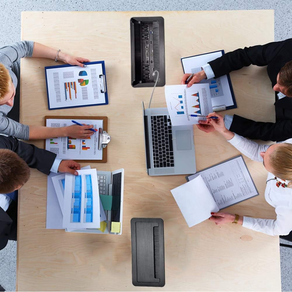 Conference Table Power Brush Connectivity Box with 4 AC Power + 2 RJ45（CAT6） + 2 Audio 3.5mm + 1 VGA + 1 HDMI + 2 USB Charger with 5.58ft Power Cord