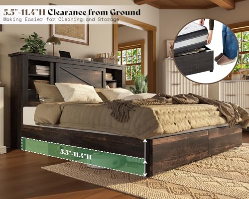 AMERLIFE 47.2" H King Bed Frame with Hidden Space Bookcase Headboard and Charging Station, Beds with 2 Storage Drawers and Wood Slats
