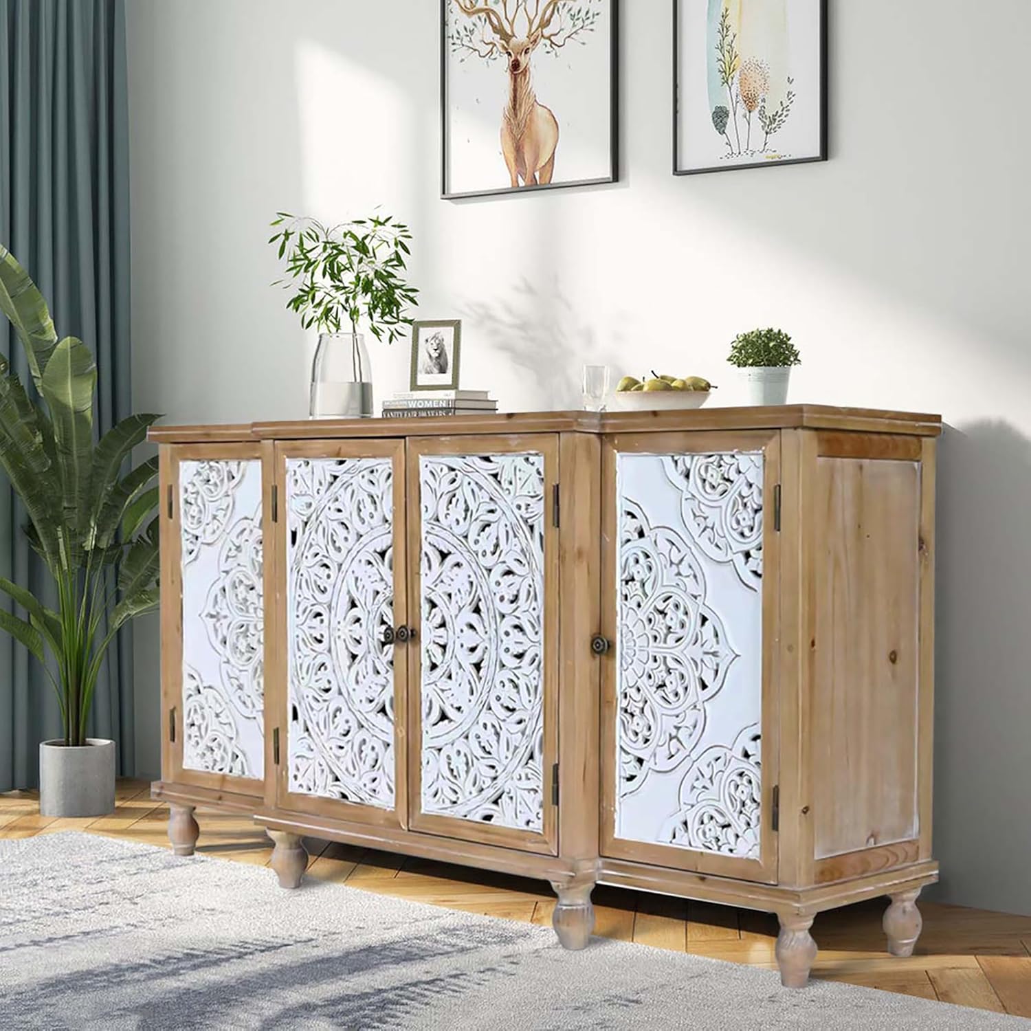 4-Door Hollow-Carved Accent Cabinet, Distressed Wood Storage Cabinet Cupboard with adjustable shelves,unique design for Kitchen, Dining Room