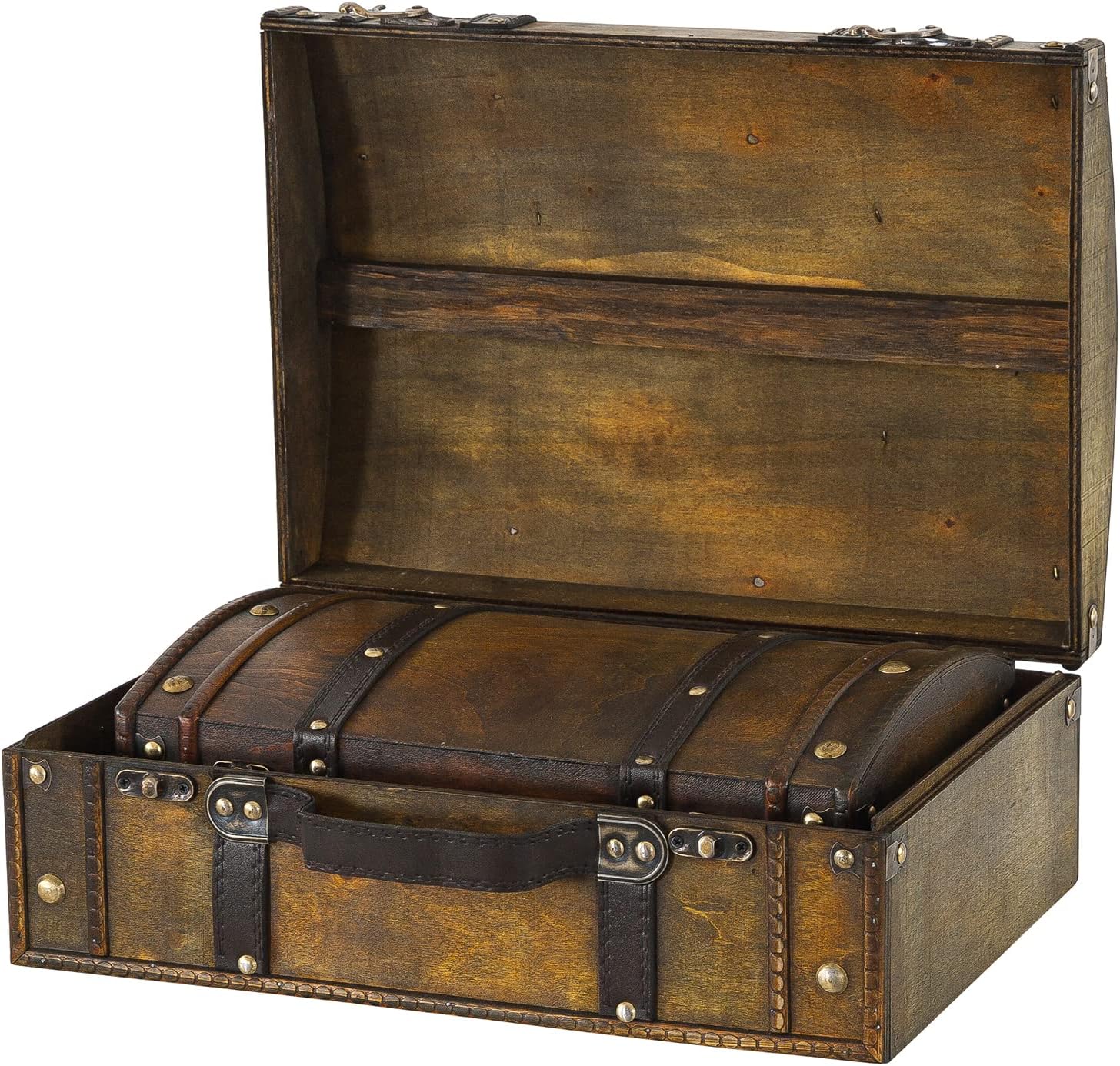 Soul & Lane Globetrotter Wooden Trunk Suitcases with Handle - Set of 2 | Vintage Wood Storage Chest Set