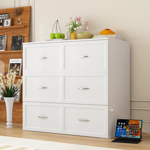 Twin Size Murphy Bed with Built-in Charging Station, 2-in-1 Bed Chest with Large Drawer