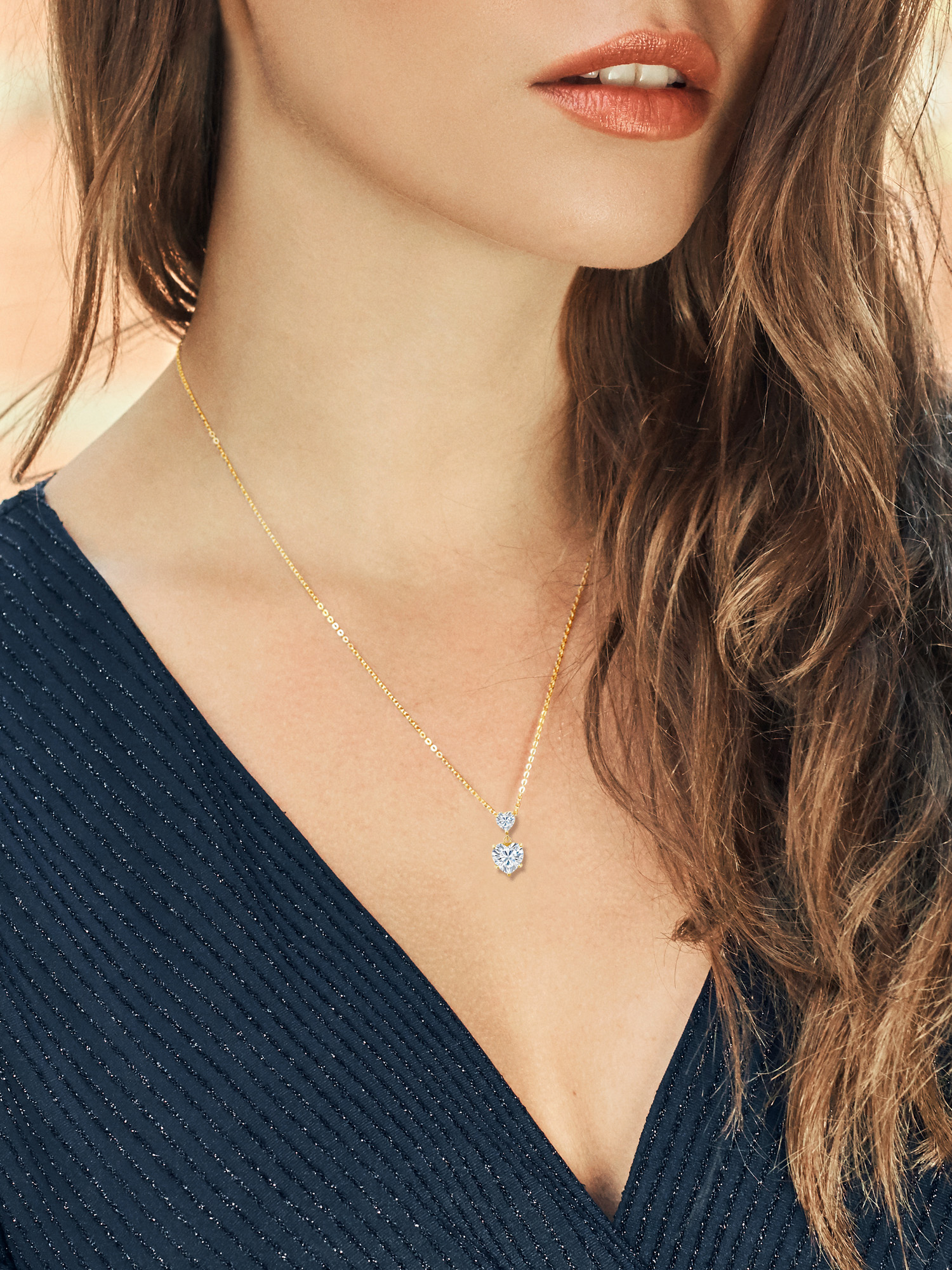 Gem Stone King 18K Yellow Gold Plated Silver White Moissanite Double Heart Pendant Necklace For Women (2.22 Cttw, Heart 8MM and 5MM